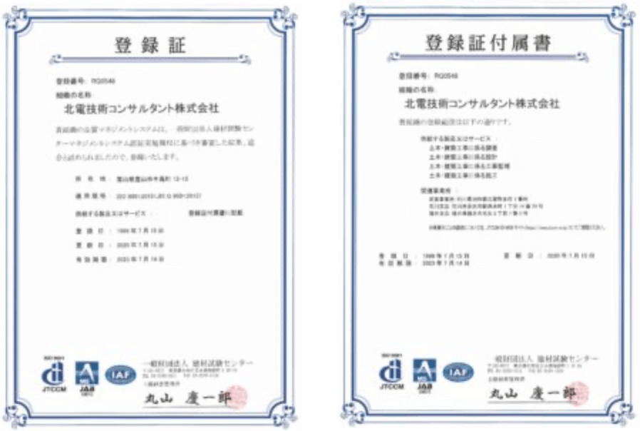 ISO9001:2015 登録証および付属書